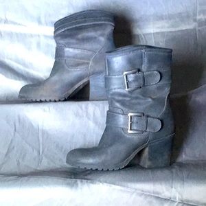 Keller grey leather chunky heel boots